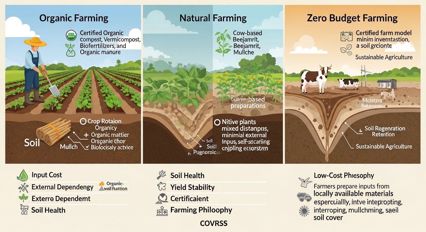 Organic Farming vs Natural Farming vs Zero Budget Farming